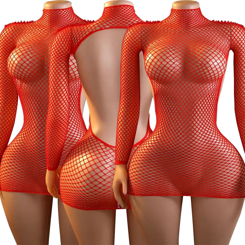 Red Erotic Wrap Hips Lingerie Women Fishnet Hollow Bra Set Sexy Open Back Teddy Body Suits Turtleneck Long Sleeve Underwear Sets