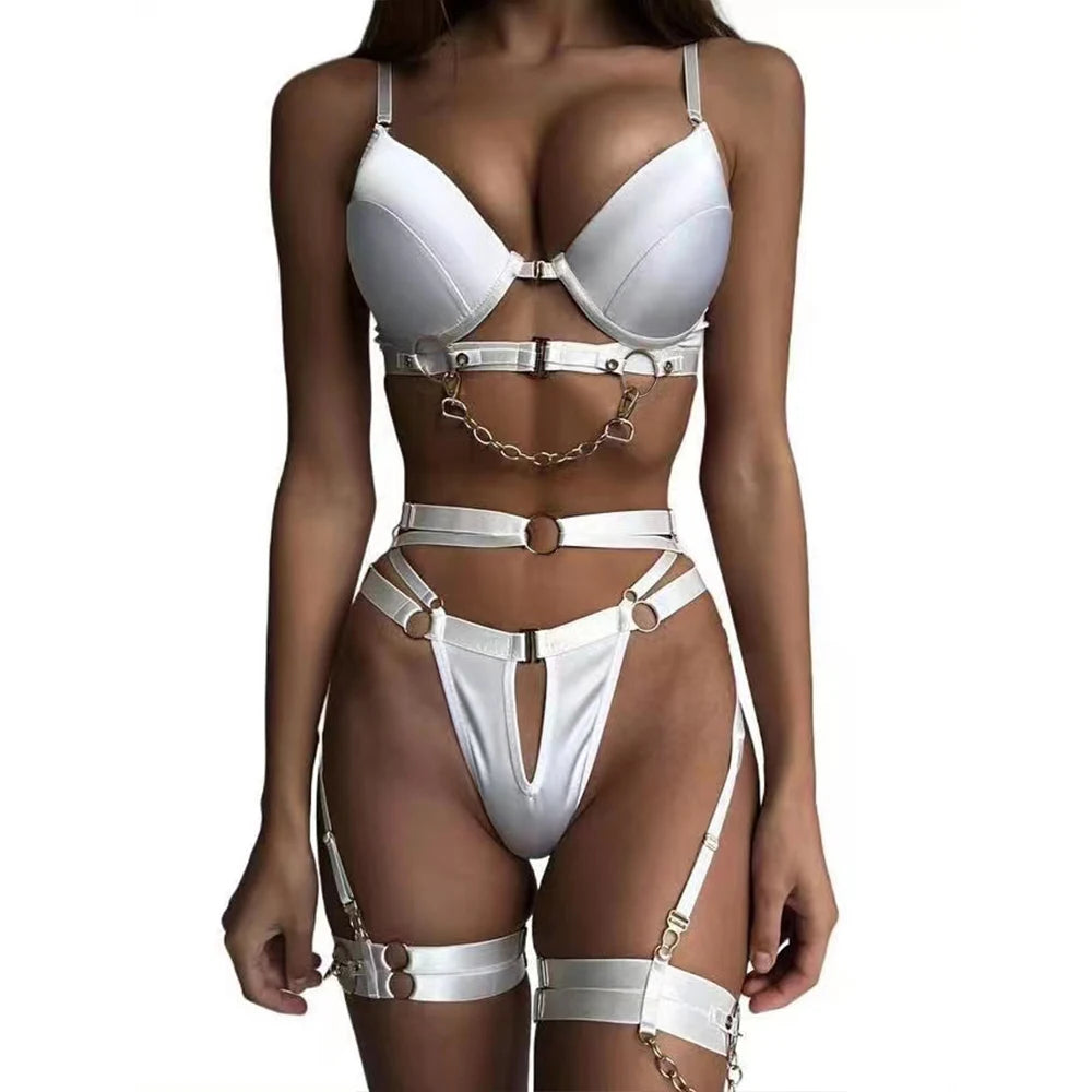 Sexy Hot Lingerie Set Women Hypersexual Chain Bra Panty Underwear 5-Piece Set Boudoir Studio Delicate Lace Garters Female