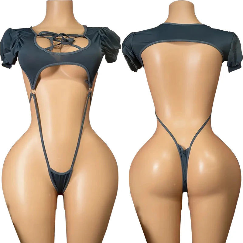Erotic Open Bra Lingerie Women Sexy Costumes Deep V Hollow Bodysuit Hanging Neck Maid Dress Cosplay Uniform Crotchless Underwear