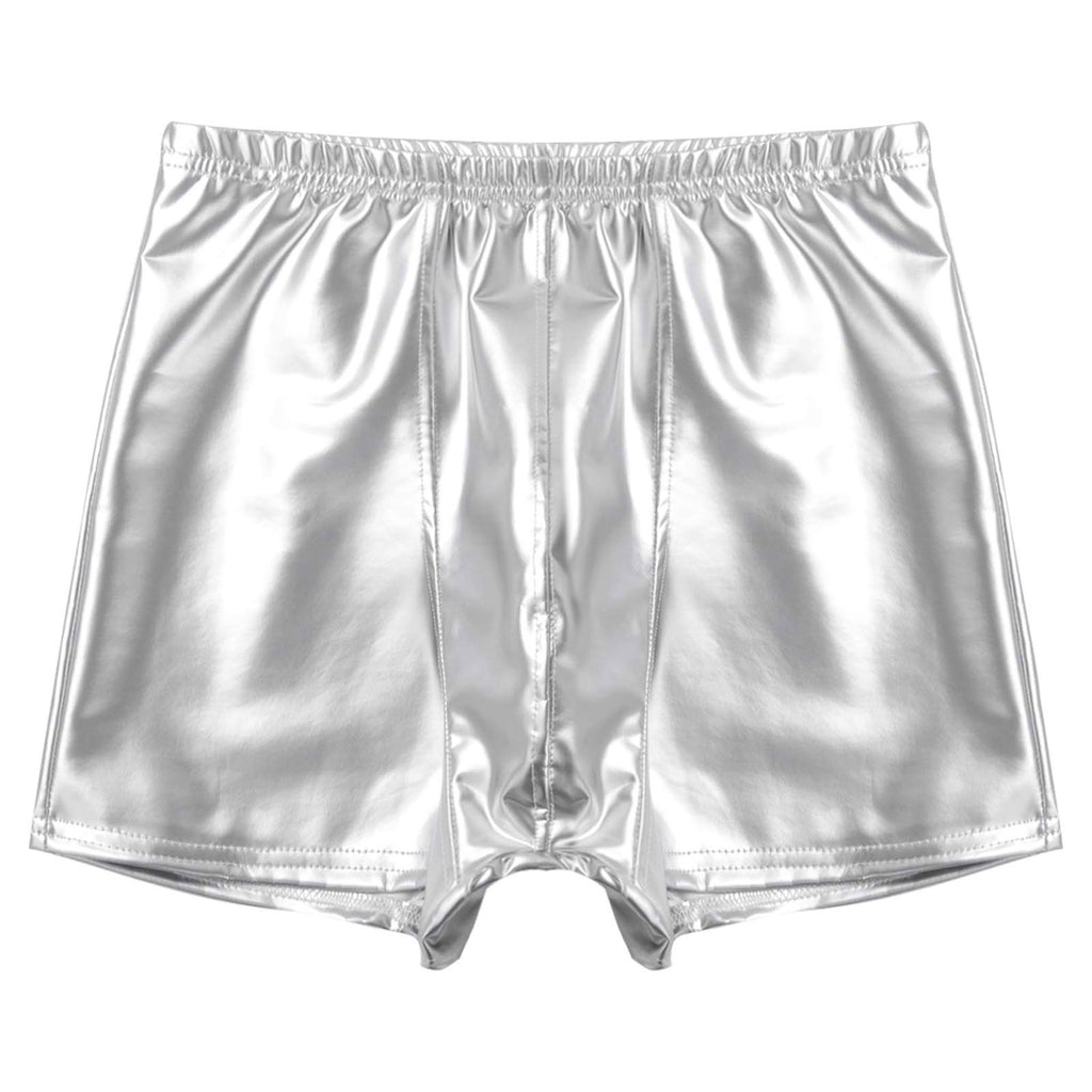 Mens Patent Leather Shorts Dance Performance Clubwear Wet Look Pants Elastic Waistband ShortsBulge Pouch Boxer Briefs Shorts