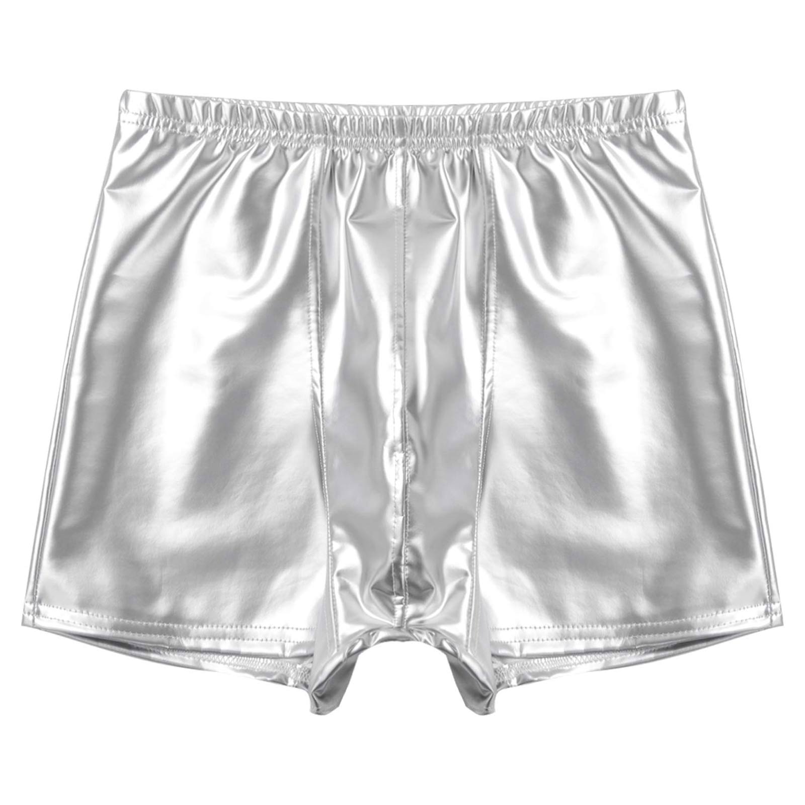 Mens Patent Leather Shorts Dance Performance Clubwear Wet Look Pants Elastic Waistband ShortsBulge Pouch Boxer Briefs Shorts