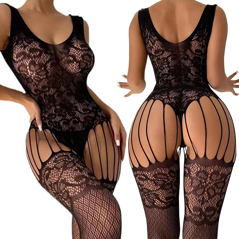 Sexy Crotchless Lingerie Fishnet Bodystocking – Floral Mesh Hollow Body Suit for Women