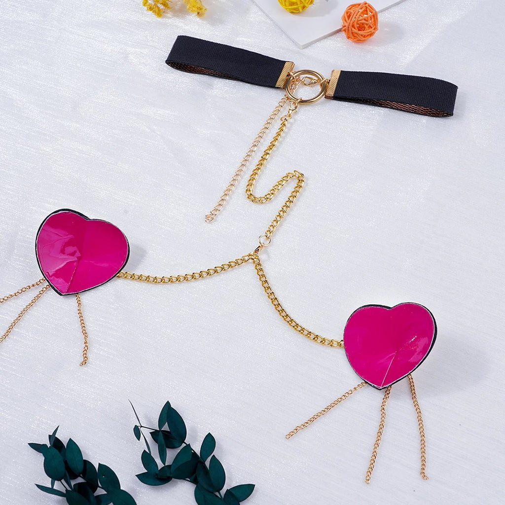 Sexy Metal Chain Linked Nipple Cover With Choker Nipple Pasties  Reusable Women Bondage Choker Collar Body Chain Sex Games Toys