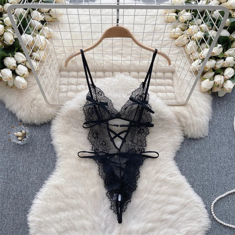 Sexy Lace Strap Jumpsuit Slim Fit Transparent Women's Pajamas Halter Playsuit Erotic Lingerie Catsuit Backless Hollowed Bodysuit