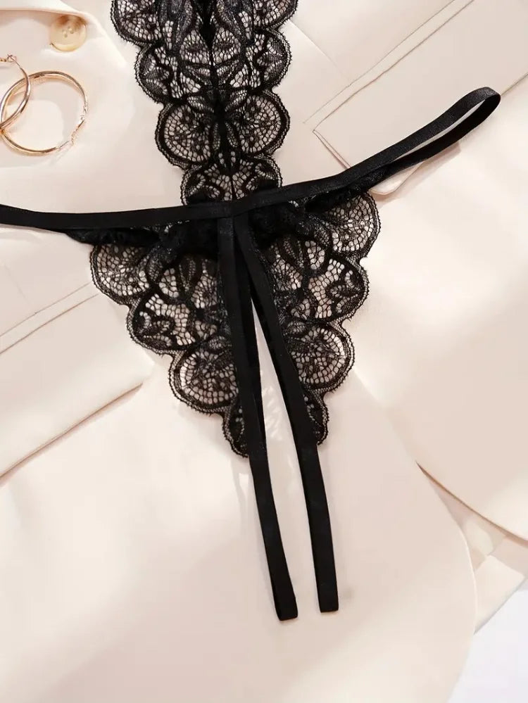 Sexy Open File Lingerie Women Lace Hollow Bra Sets Erotic Costumes Dress Deep V Open Bow Underwear Set Out With G-String