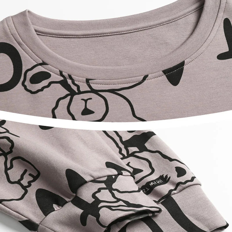 Two Piece Plus Size Men Pajamas Long Sleeve Loose Breathable Cartoon Bear Striped Letters Black Crew Neck Loungewear Set pj