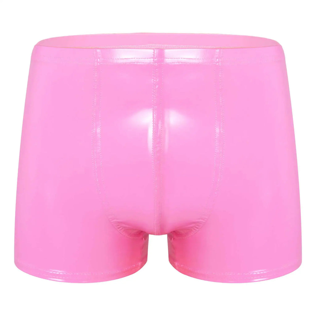 Mens Patent Leather Shorts Dance Performance Clubwear Wet Look Pants Elastic Waistband ShortsBulge Pouch Boxer Briefs Shorts
