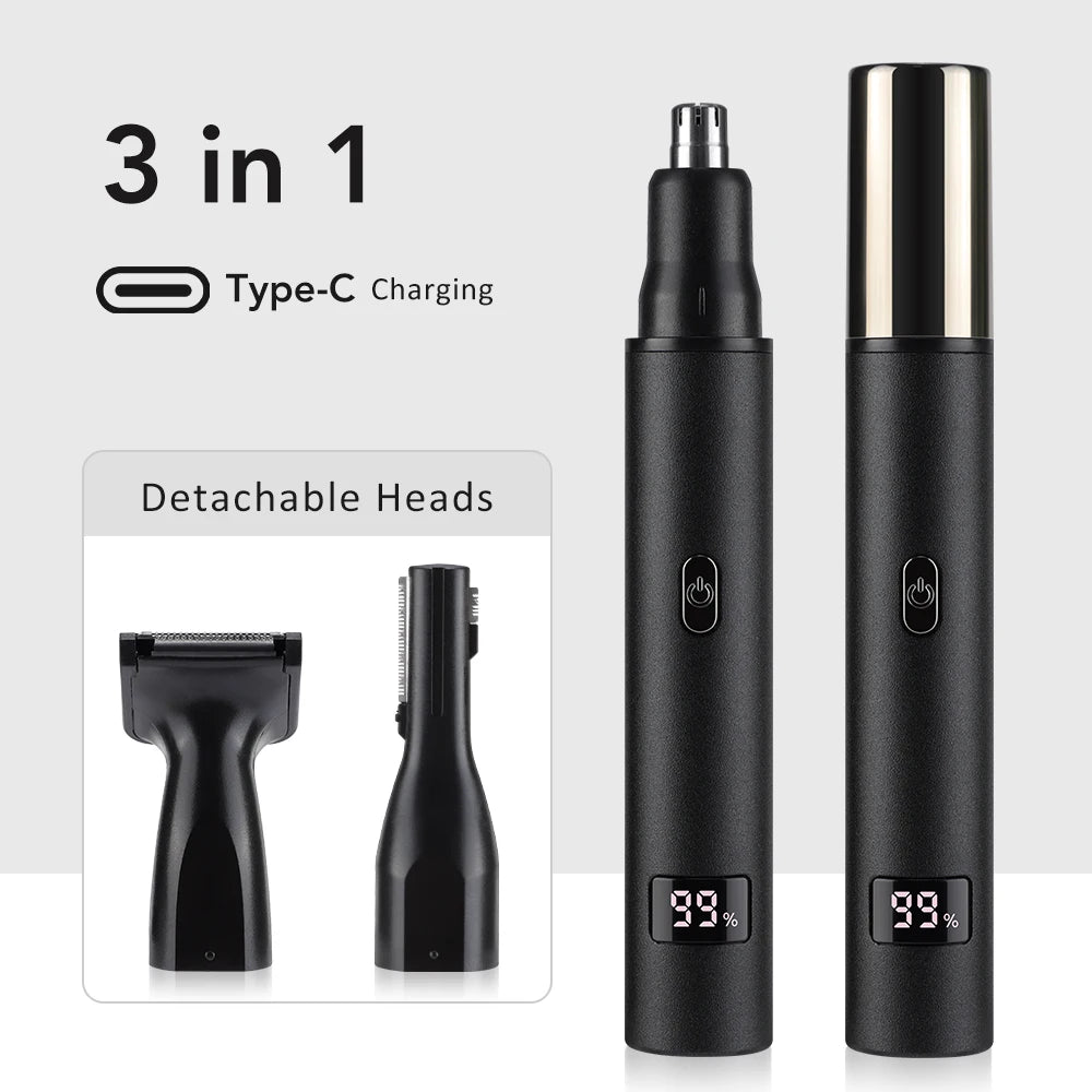 3 in 1 Electric Nose Hair Trimmer for Men Portable Digital Display Nose Ears Hair Eyebrow Trimmer 360° Roating Painless Safe
