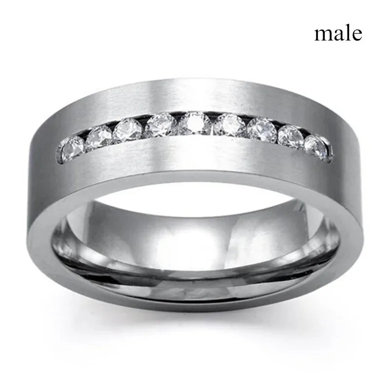 Couple Rings For Women White Rhinestones Zirconia Rings Set Simple CZ Stainless Steel Men Ring Wedding Jewelry For Lover Gifts