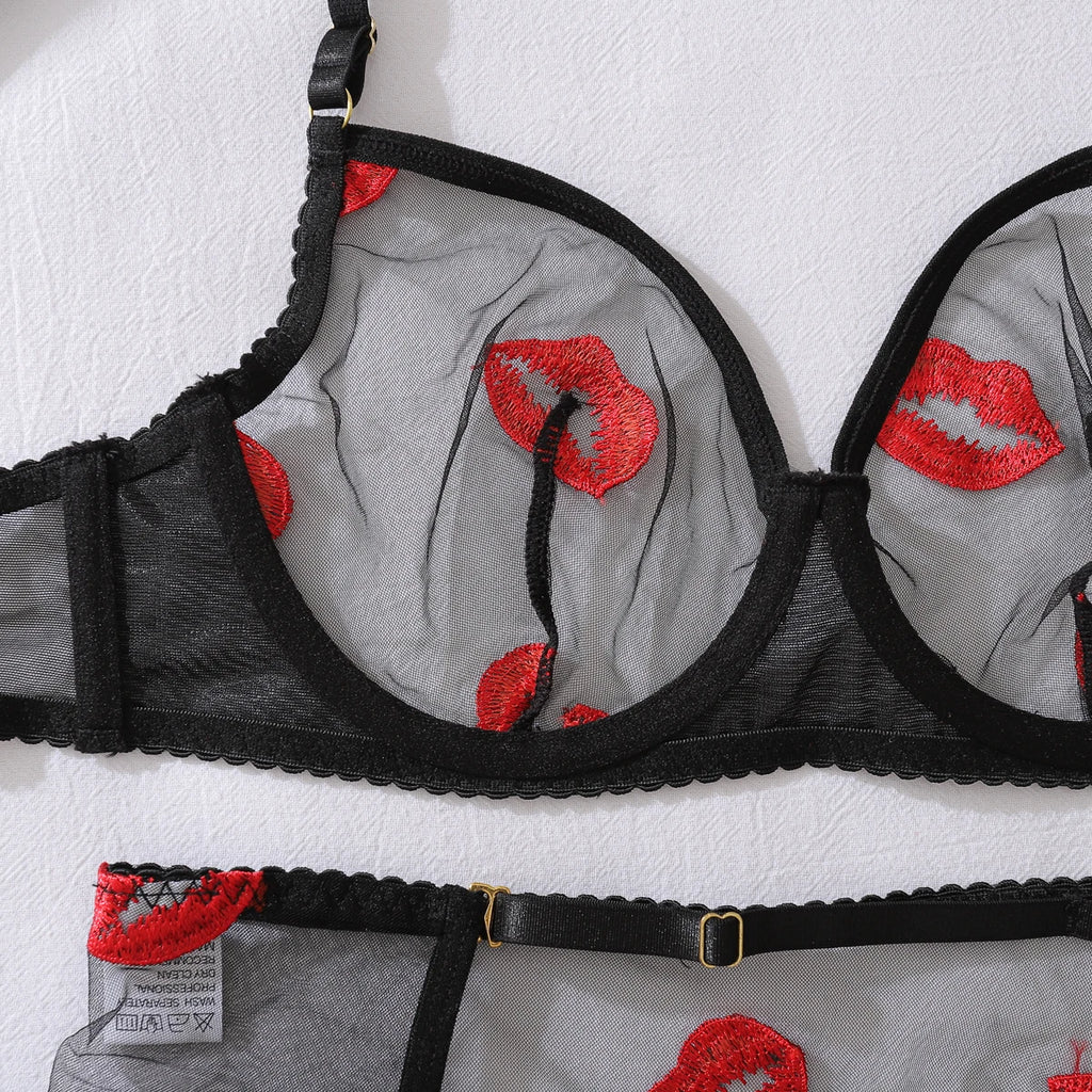 New Women's Mesh Perspective Red Lips Pure Desire Sexy Body Shaping Thin Underwear Split Four Piece Set