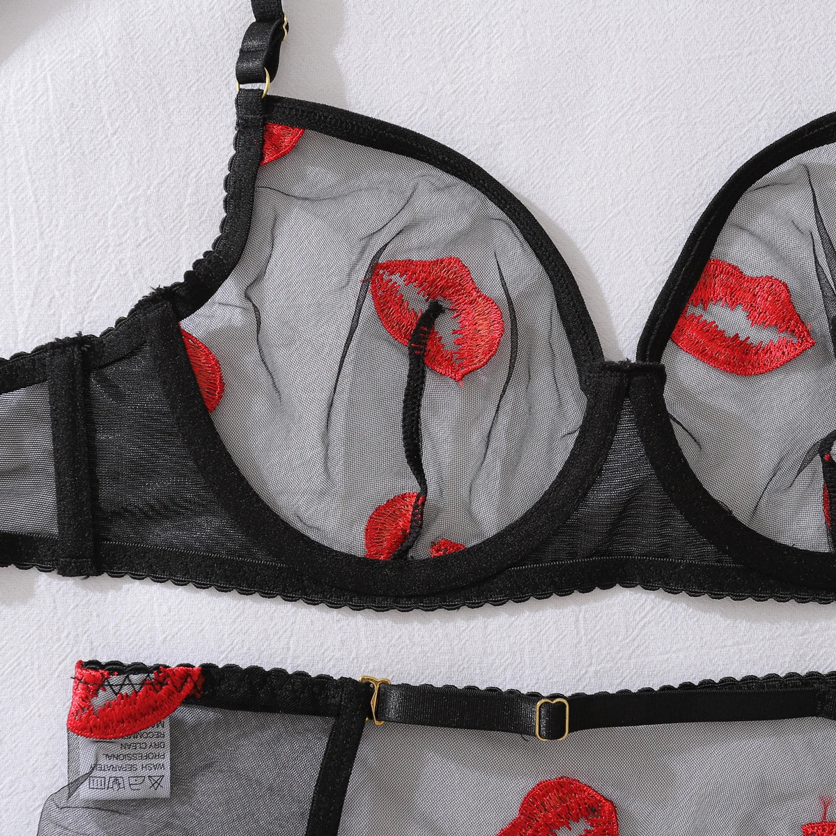 New Women's Mesh Perspective Red Lips Pure Desire Sexy Body Shaping Thin Underwear Split Four Piece Set
