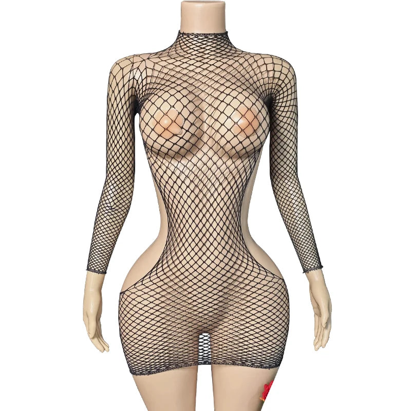 Red Erotic Wrap Hips Lingerie Women Fishnet Hollow Bra Set Sexy Open Back Teddy Body Suits Turtleneck Long Sleeve Underwear Sets