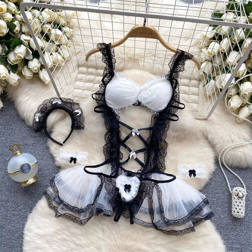 Female Sleevless Halter Playsuits Lace Sheer Open Crotch Lingerie Rompers Women Erotic Hollow Out Sexy Bodysuits Bow Jumpsuit