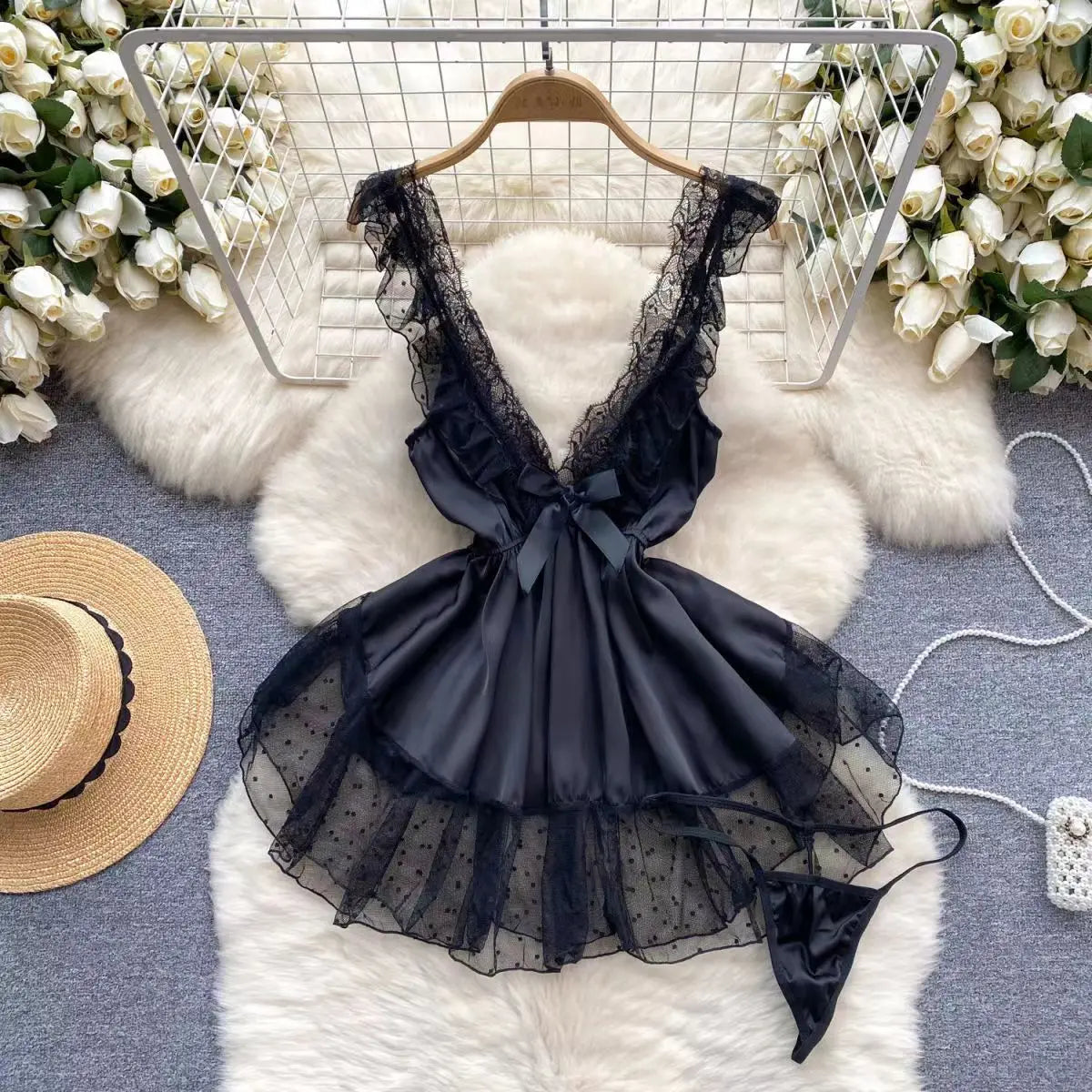 Japan Hotsweet Women's Sleepwear Set Strapless Cut Petal Sleeve Crop Top With Lace Up Pleat Mini Skirt Sexy Erotic Lingerie Set