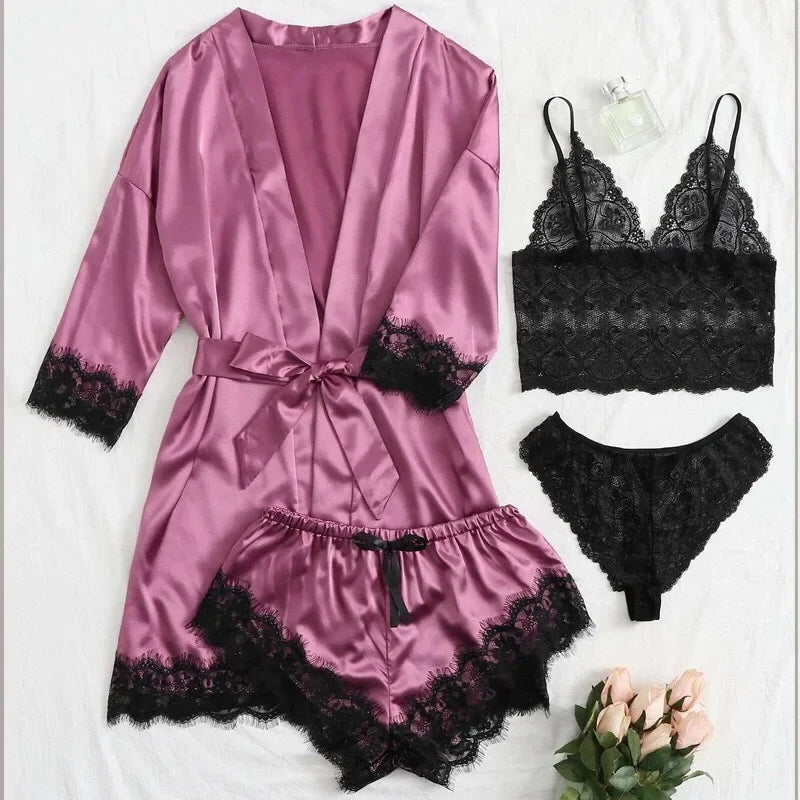 Women's Sexy Pajamas Nightgowns Lingerie Shorts 4-piece Lace Camisole Pajama Set Home Robe Nightgowns Leisure wear