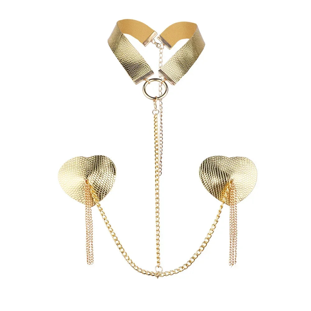 Sexy Metal Chain Linked Nipple Cover With Choker Nipple Pasties  Reusable Women Bondage Choker Collar Body Chain Sex Games Toys