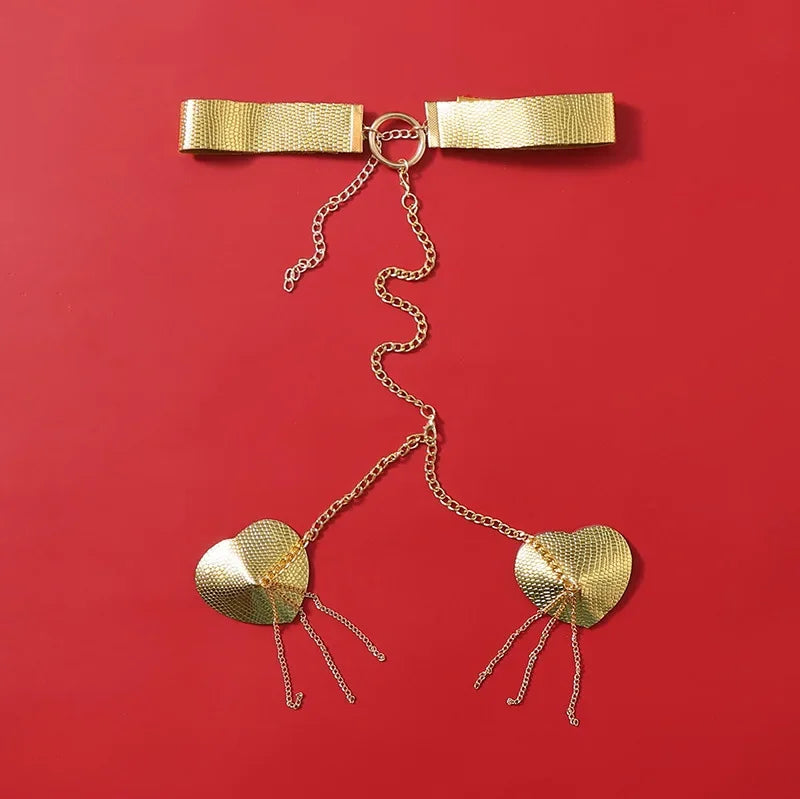 Sexy Metal Chain Linked Nipple Cover With Choker Nipple Pasties Reusable Women Bondage Choker Collar Body Chain Sex Games Toys