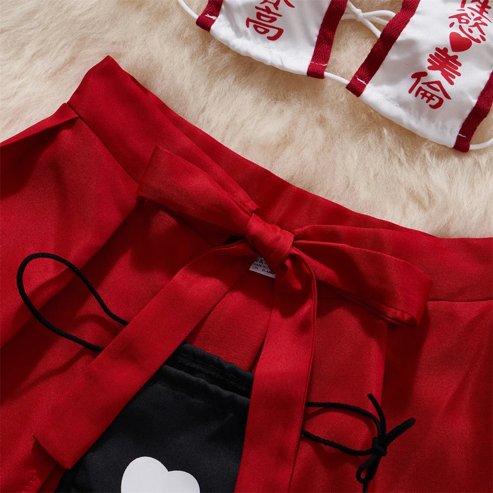 Japan Hotsweet Women's Sleepwear Set Strapless Cut Petal Sleeve Crop Top With Lace Up Pleat Mini Skirt Sexy Erotic Lingerie Set