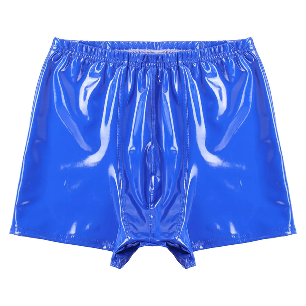 Mens Patent Leather Shorts Dance Performance Clubwear Wet Look Pants Elastic Waistband ShortsBulge Pouch Boxer Briefs Shorts