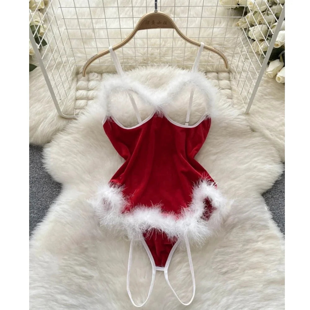 Red Christmas Cosplay Rabbit girl Jumpsuit Sexy Lingerie Belt Women New In Clothing Casual Backless Hollow Out Lace-up Bodysuit