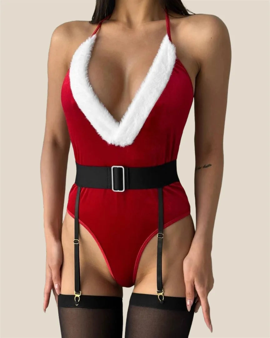 Ellolace Bunny Christmas Lingerie Bodysuit Velvet Red Erotic Costumes Hair Band Deep-V Sweet Girl Festival Set Woman 3 Pieces