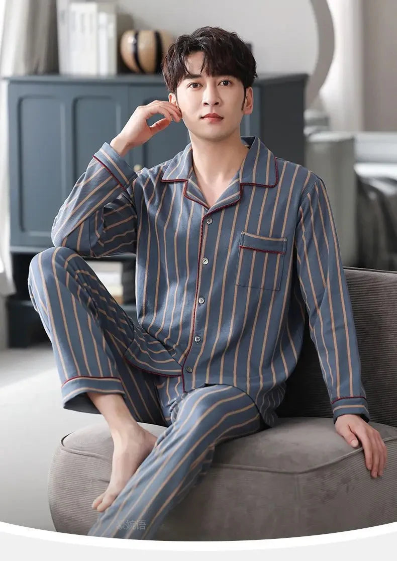 Spring Men's Fall and Winter Long-Sleeved Long Pants Middle-Aged Thin Section of Pajamas Sleepwear Homewear Suit Loungewear