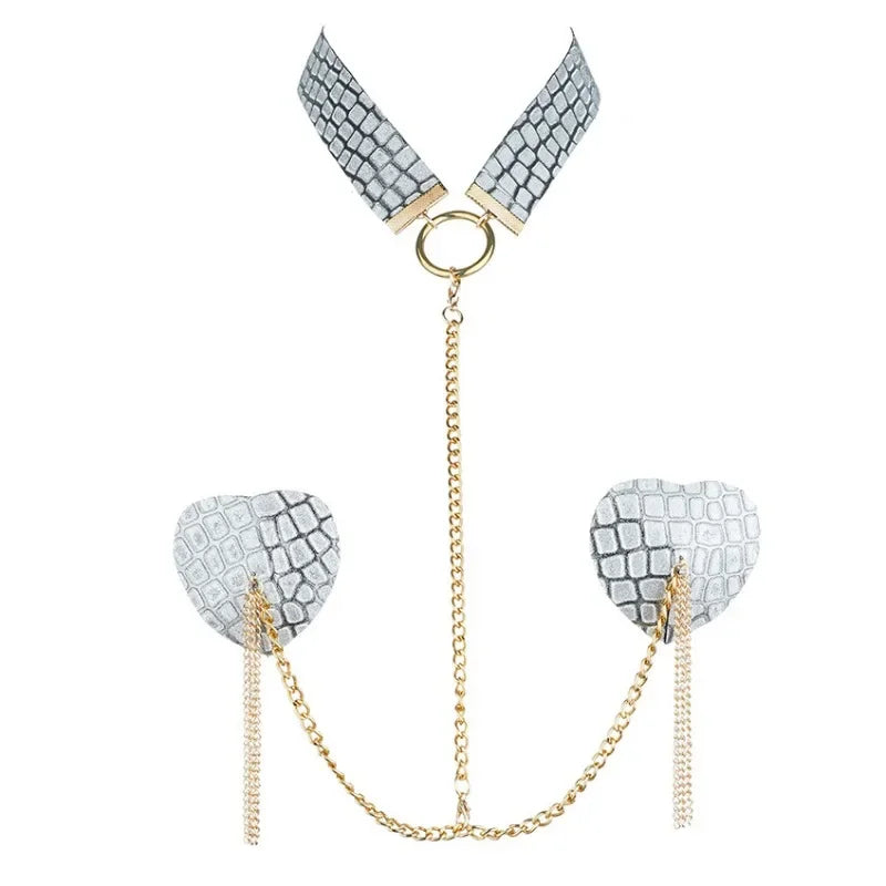 Sexy Metal Chain Linked Nipple Cover With Choker Nipple Pasties Reusable Women Bondage Choker Collar Body Chain Sex Games Toys