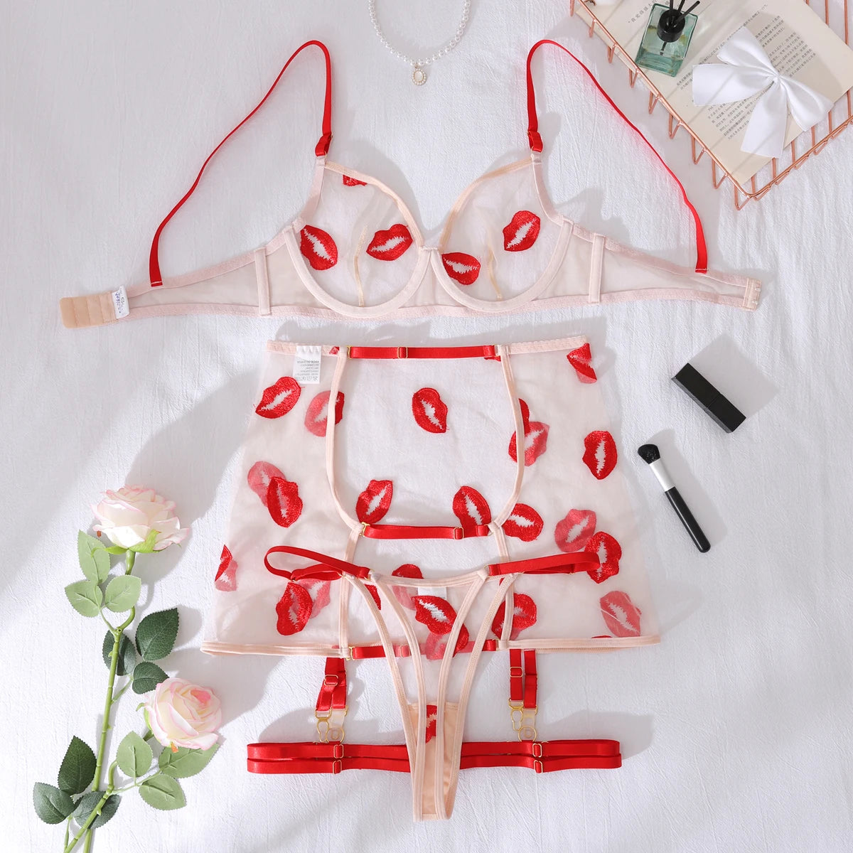 New Women's Mesh Perspective Red Lips Pure Desire Sexy Body Shaping Thin Underwear Split Four Piece Set