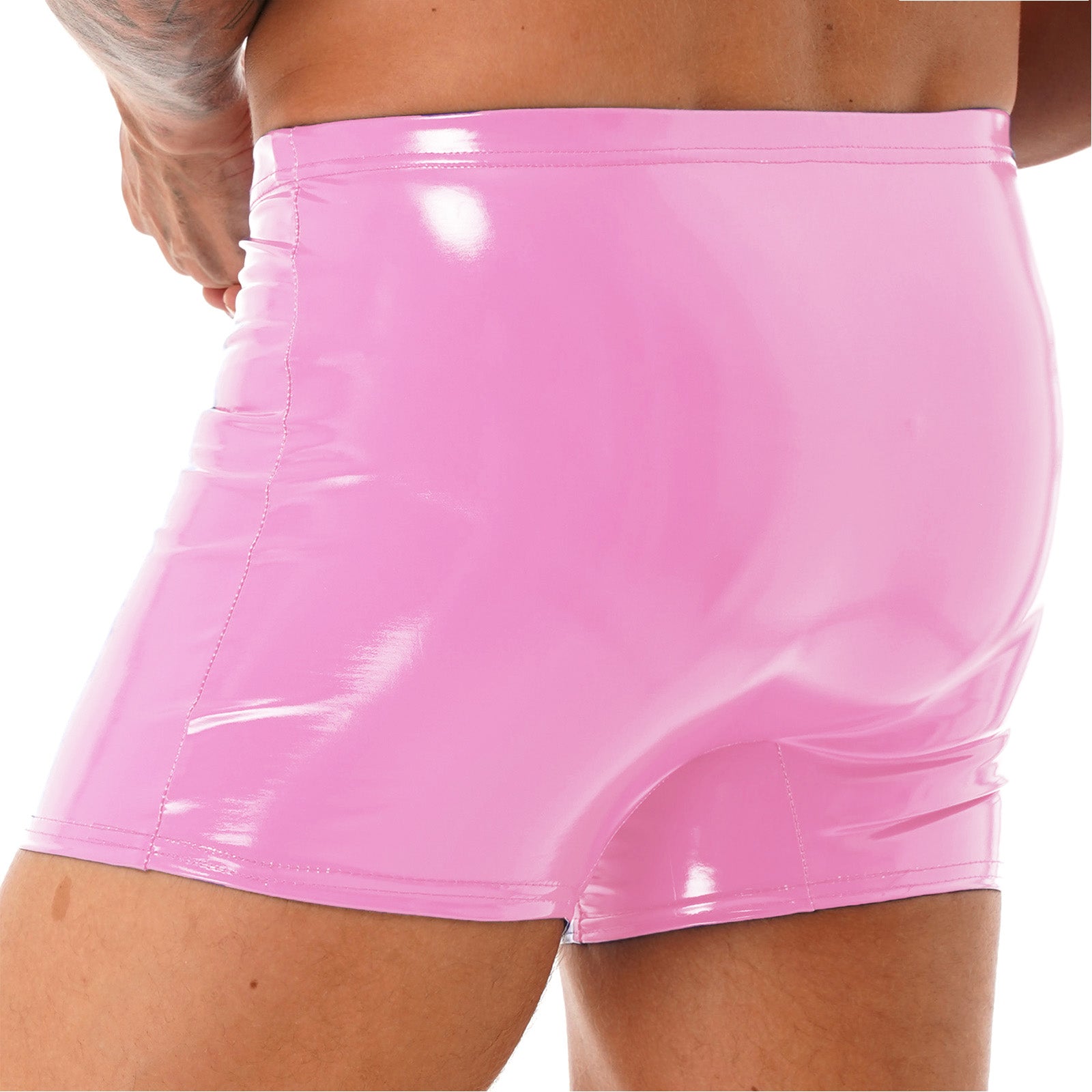 Mens Patent Leather Shorts Dance Performance Clubwear Wet Look Pants Elastic Waistband ShortsBulge Pouch Boxer Briefs Shorts