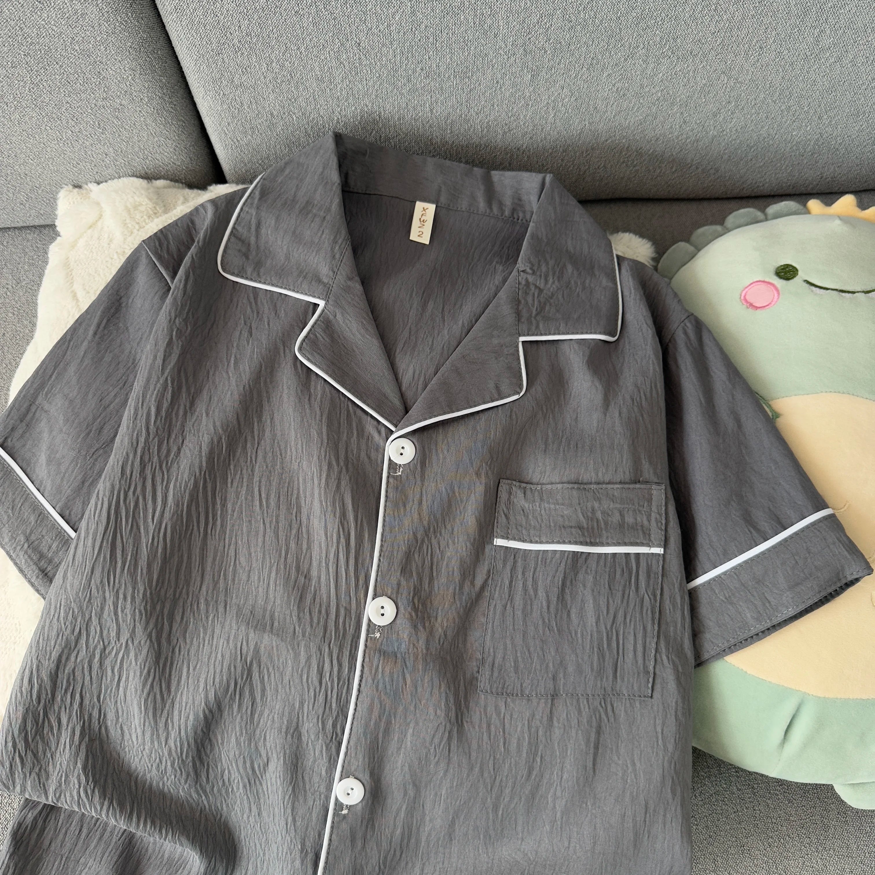 Youth Men's Slim Fit New Pajama Set Solid Color Short Sleeve Lapel Top and Elastic Shorts Pajamas Summer Loungewear Sleepwear