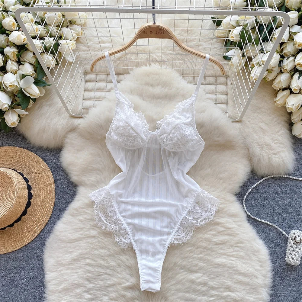 Female Sleevless Halter Playsuits Lace Sheer Open Crotch Lingerie Rompers Women Erotic Hollow Out Sexy Bodysuits Bow Jumpsuit