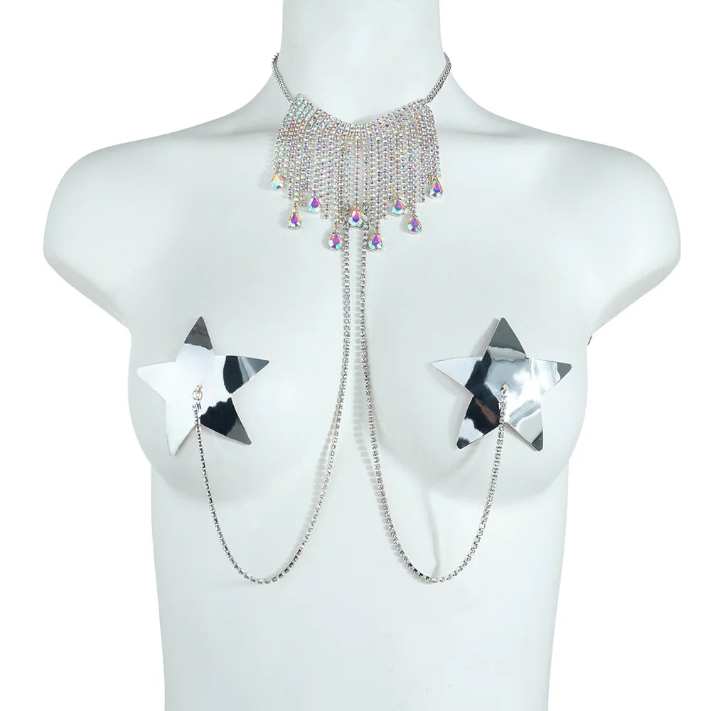 Sexy Metal Chain Linked Nipple Cover With Choker Nipple Pasties  Reusable Women Bondage Choker Collar Body Chain Sex Games Toys
