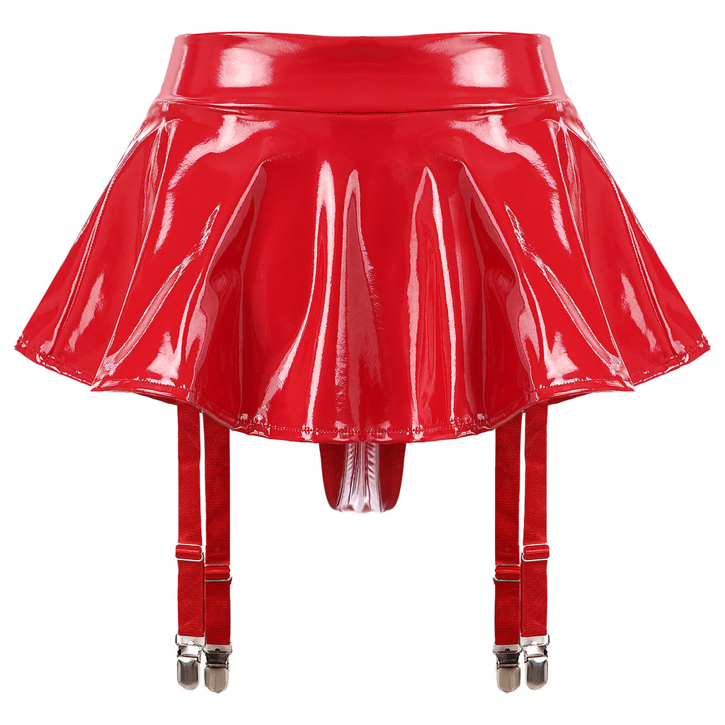 Lingerie Sexy Set Women Wetlook Patent Leather Wire-free Open Cup Sexy Bra with Ruffle Built-in Thongs Garter Belt Mini Skirts