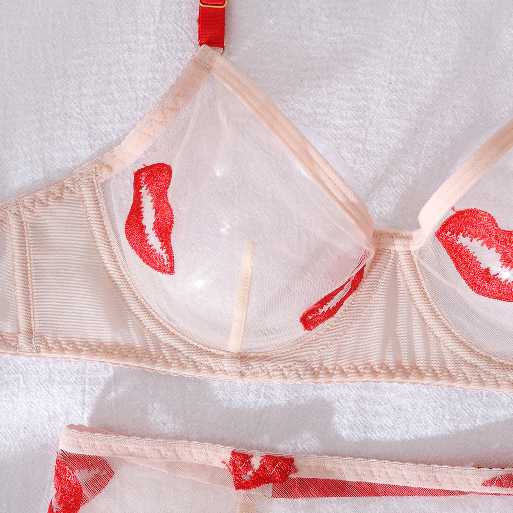 New Women's Mesh Perspective Red Lips Pure Desire Sexy Body Shaping Thin Underwear Split Four Piece Set
