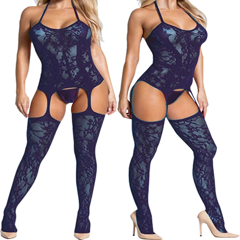 Sexy Crotchless Lingerie Fishnet Bodystocking – Floral Mesh Hollow Body Suit for Women