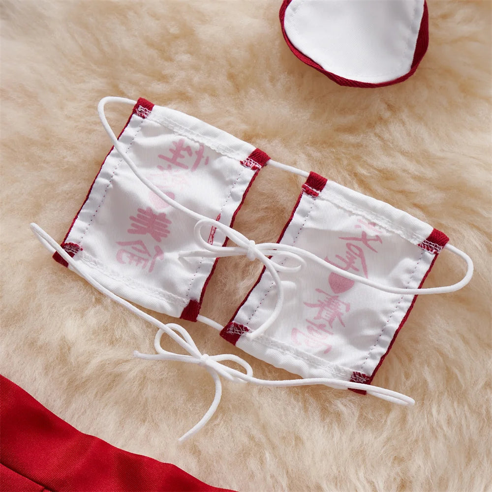 Japan Hotsweet Women's Sleepwear Set Strapless Cut Petal Sleeve Crop Top With Lace Up Pleat Mini Skirt Sexy Erotic Lingerie Set