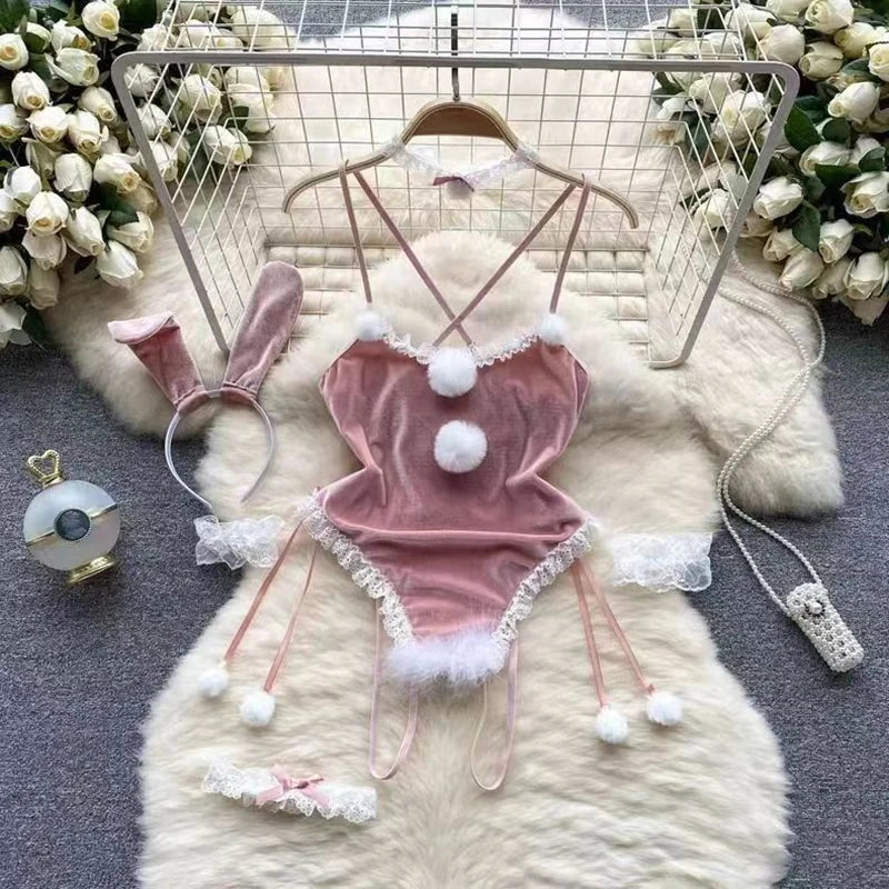 Red Christmas Cosplay Rabbit girl Jumpsuit Sexy Lingerie Belt Women New In Clothing Casual Backless Hollow Out Lace-up Bodysuit