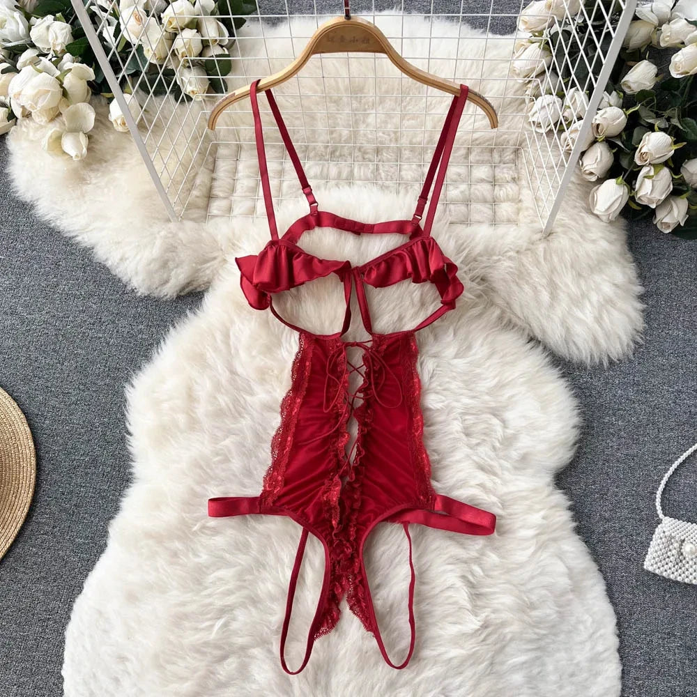 Japan Hotsweet Women's Sleepwear Set Strapless Cut Petal Sleeve Crop Top With Lace Up Pleat Mini Skirt Sexy Erotic Lingerie Set