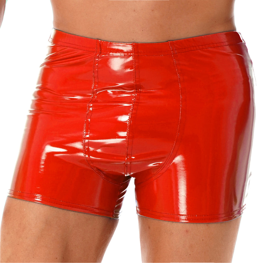Mens Patent Leather Shorts Dance Performance Clubwear Wet Look Pants Elastic Waistband ShortsBulge Pouch Boxer Briefs Shorts