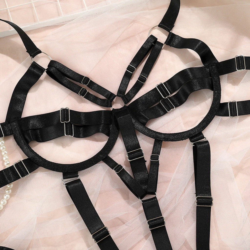 Women's Ribbon Splicing Steel Ring Backless Jumpsuit Underwear Sexy Solid Patchwork Steel Ring Bodysuit Perspective Intimates