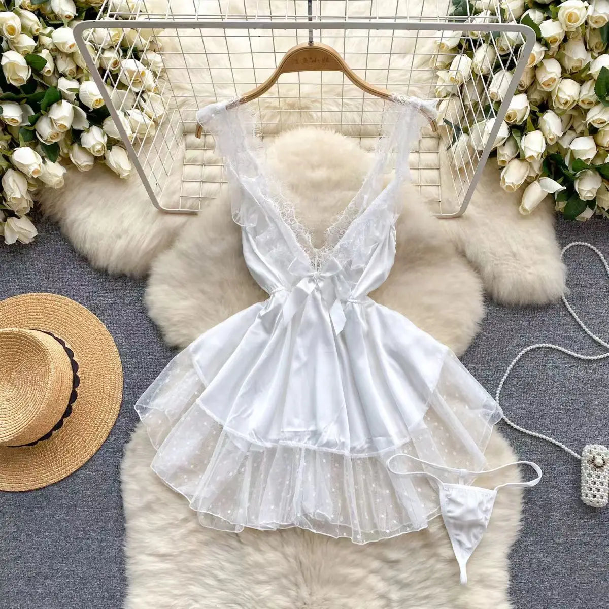 Japan Hotsweet Women's Sleepwear Set Strapless Cut Petal Sleeve Crop Top With Lace Up Pleat Mini Skirt Sexy Erotic Lingerie Set