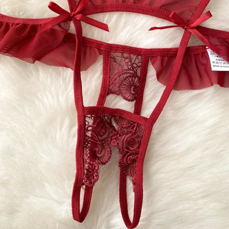 Female Sleevless Halter Playsuits Lace Sheer Open Crotch Lingerie Rompers Women Erotic Hollow Out Sexy Bodysuits Bow Jumpsuit