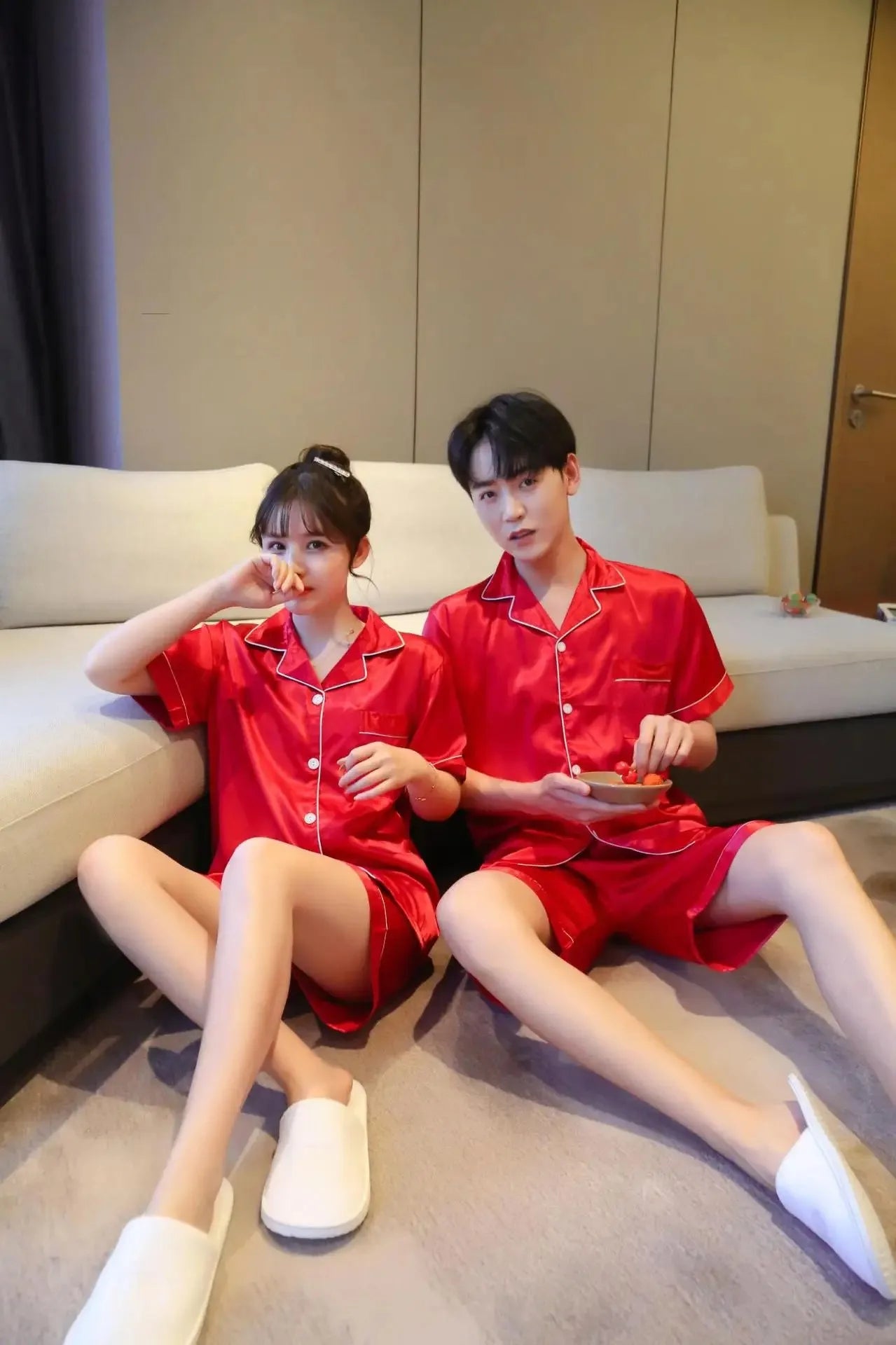 Solid Color Sleepwear Silk Satin Pajamas Couple Set Short-sleeved Pyjamas Suit Pijama Women Men Loungewear Plus Size Pj Set
