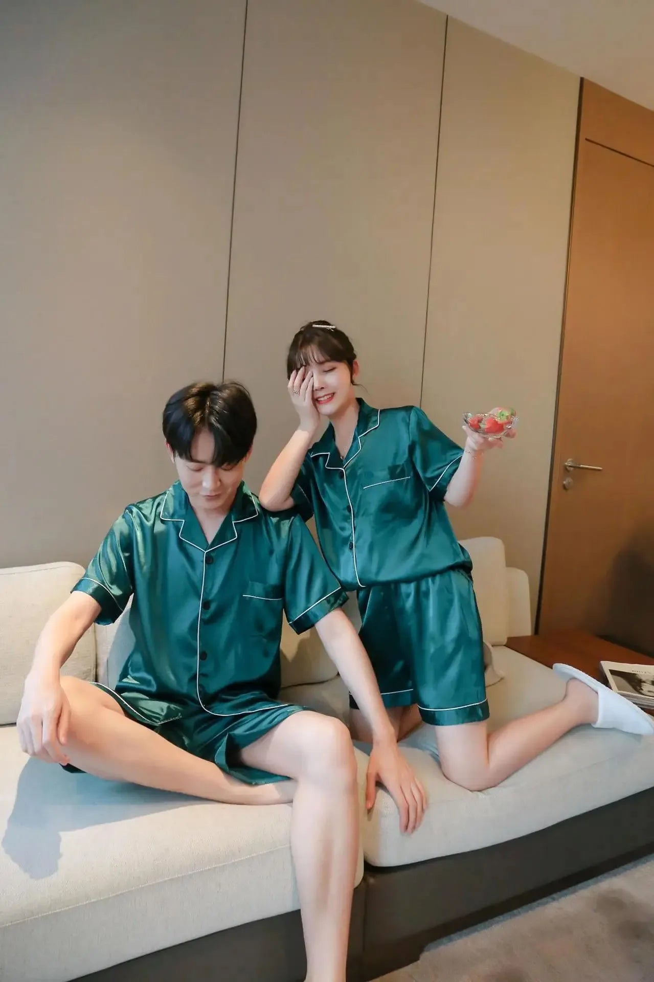 Solid Color Sleepwear Silk Satin Pajamas Couple Set Short-sleeved Pyjamas Suit Pijama Women Men Loungewear Plus Size Pj Set
