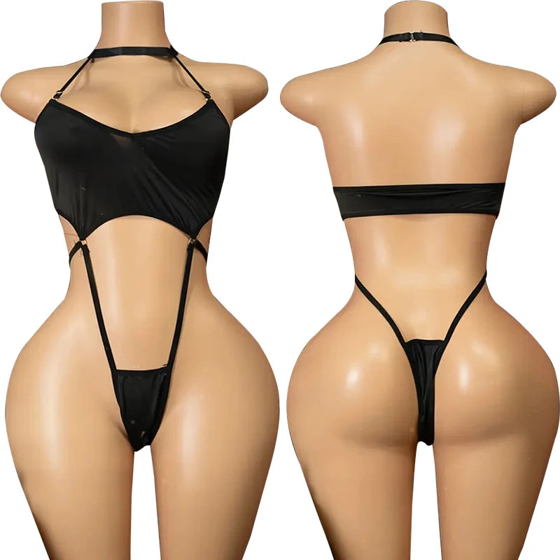 Erotic Open Bra Lingerie Women Sexy Costumes Deep V Hollow Bodysuit Hanging Neck Maid Dress Cosplay Uniform Crotchless Underwear