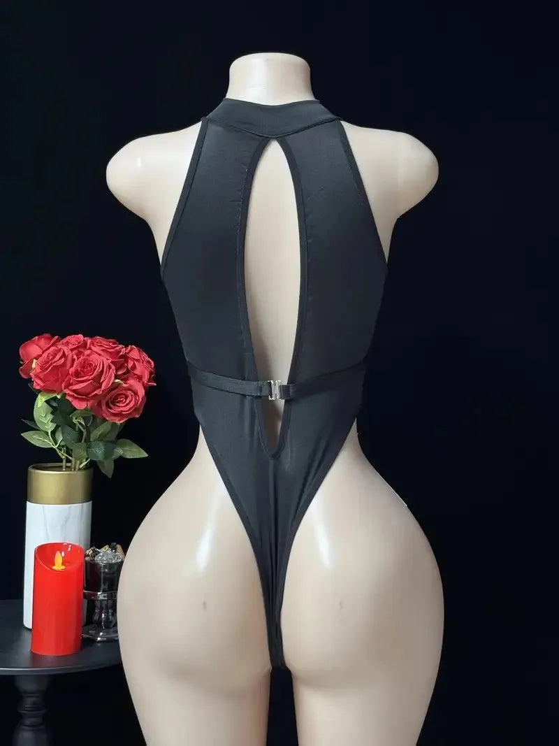 Erotic Open Bra Lingerie Women Sexy Costumes Deep V Hollow Bodysuit Hanging Neck Maid Dress Cosplay Uniform Crotchless Underwear