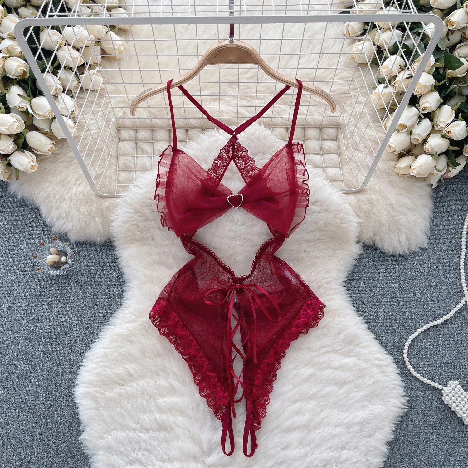 Red Christmas Cosplay Rabbit girl Jumpsuit Sexy Lingerie Belt Women New In Clothing Casual Backless Hollow Out Lace-up Bodysuit