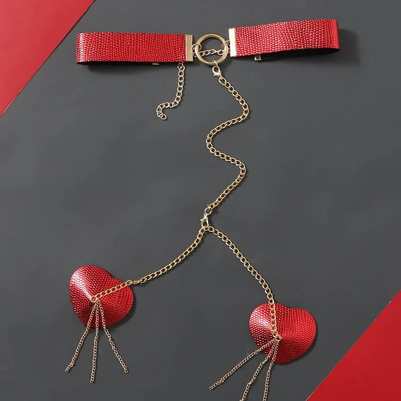 Sexy Metal Chain Linked Nipple Cover With Choker Nipple Pasties Reusable Women Bondage Choker Collar Body Chain Sex Games Toys