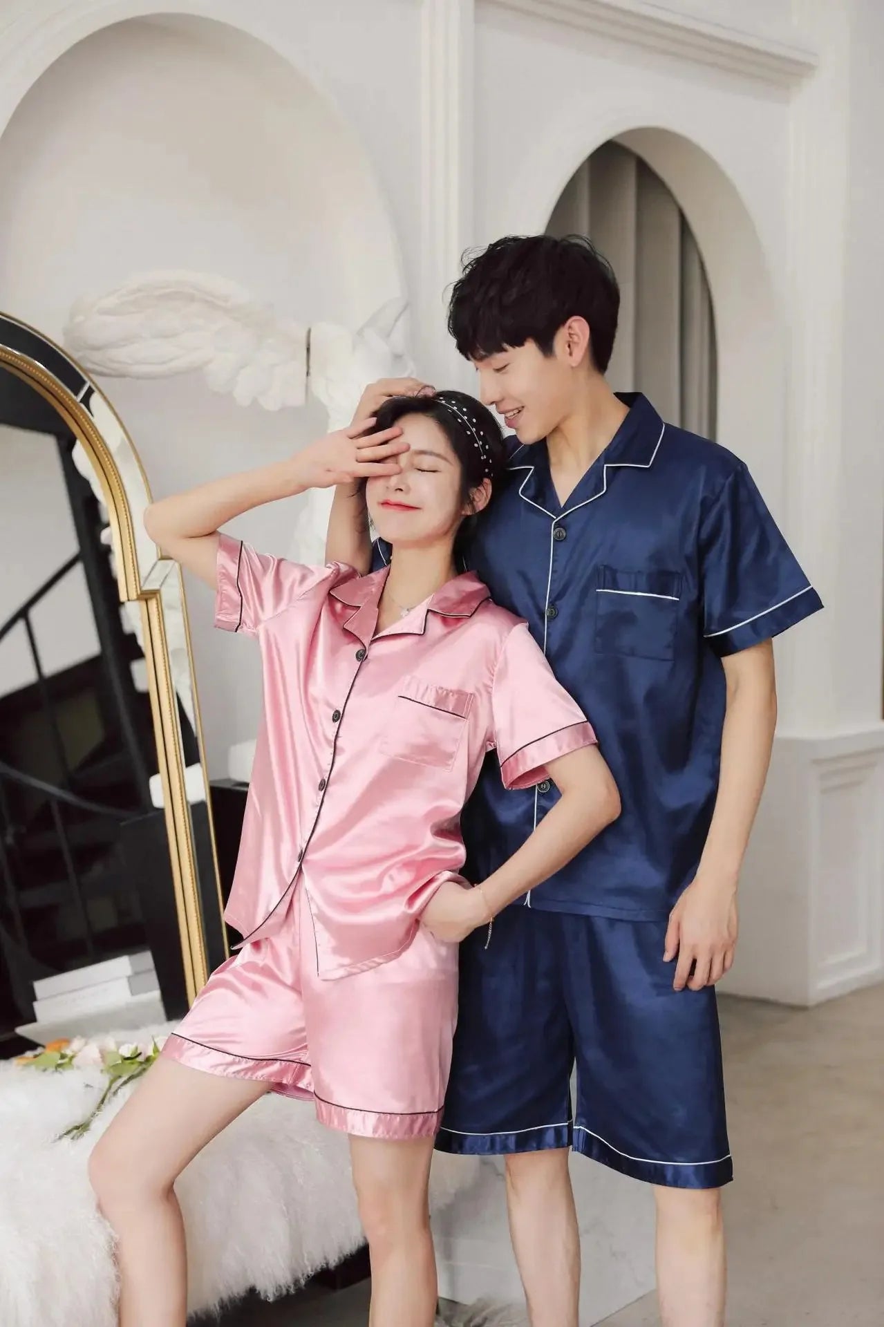 Solid Color Sleepwear Silk Satin Pajamas Couple Set Short-sleeved Pyjamas Suit Pijama Women Men Loungewear Plus Size Pj Set