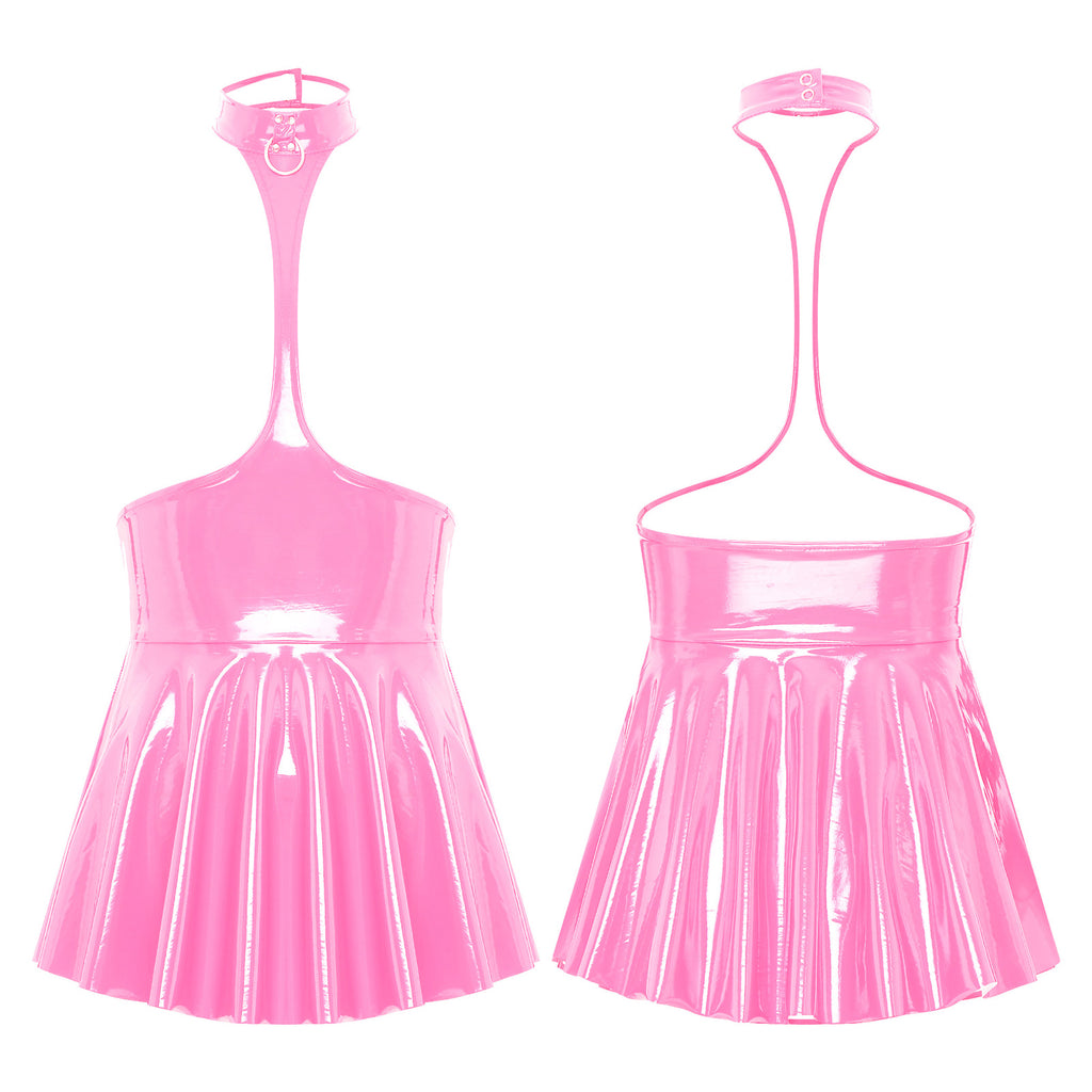 Women Mini Dress Female Sexy Lingerie Backless Open Chest Halter Ruffled Latex Skirt Pole Dance Party Nightclub Costume XXXXL